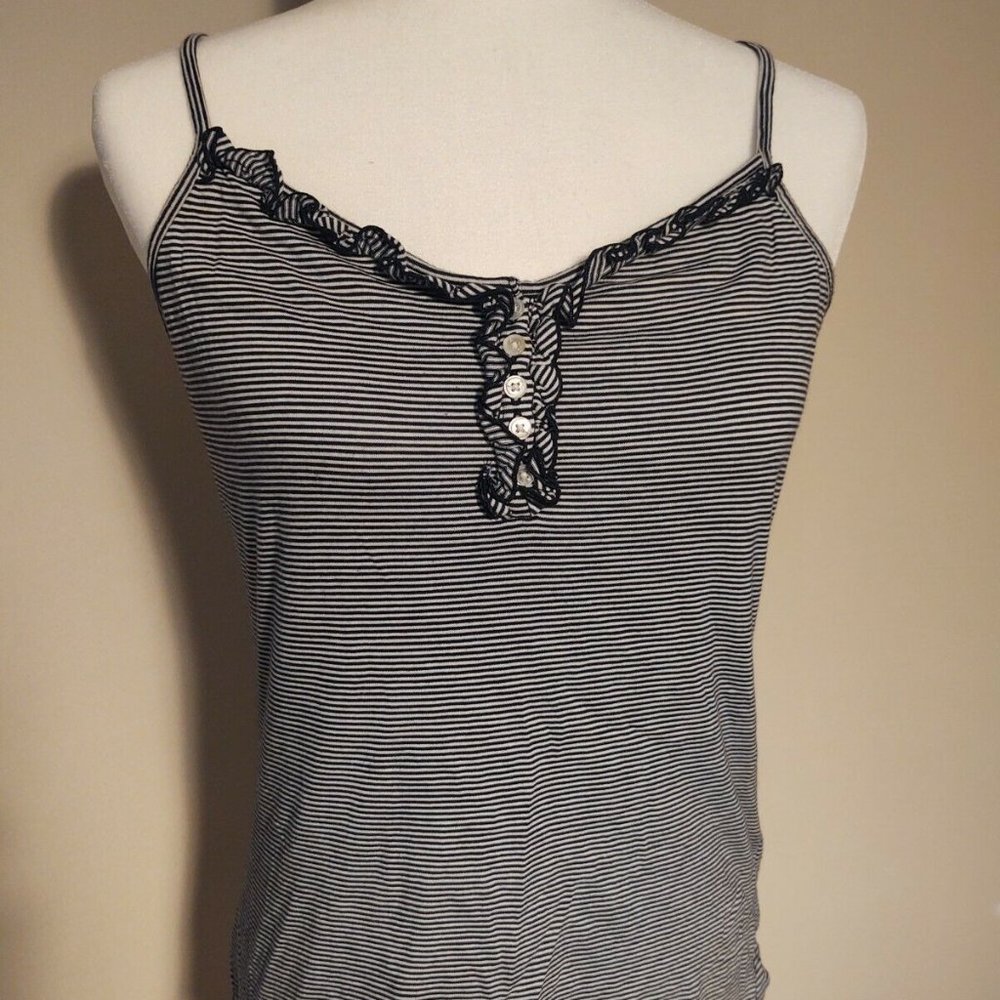 Talbots Striped Ruffle Front Henley Tank Top - M - Picture 1 of 4